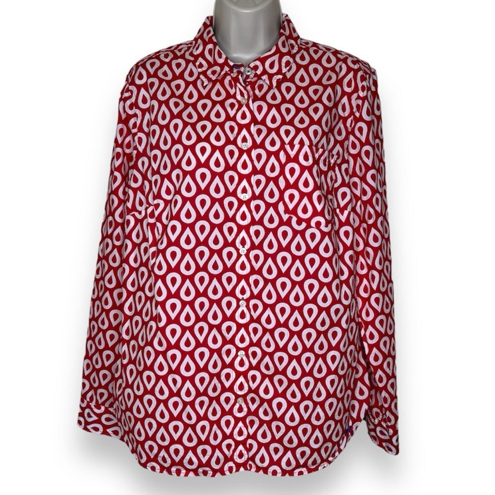 NWOT Talbots Red White Geometric Teardrop Long Sleeve Button Up Shirt Women 14